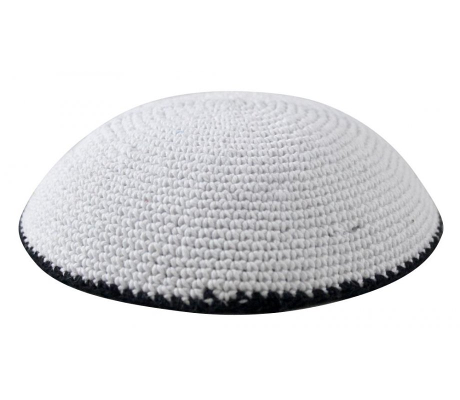 White with Dark Blue Border Knitted Kippah