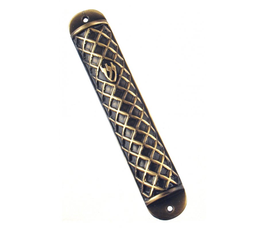 Wide Round Pewter Mezuzah Case – gold criss-cross Design
