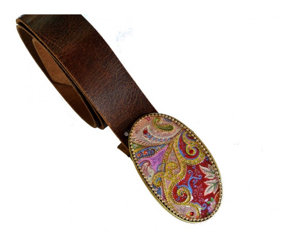 Woman's Belt with Colorful Paisley Design Buckle by Iris Design