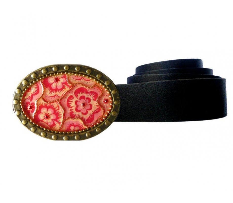 Woman's Belt with Oval Pink Flower Design Buckle by Iris Design