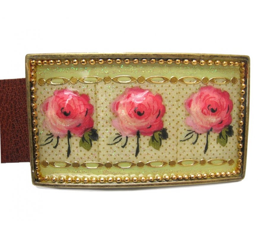 Woman's Belt with Pink Roses Design Buckle by Iris Design