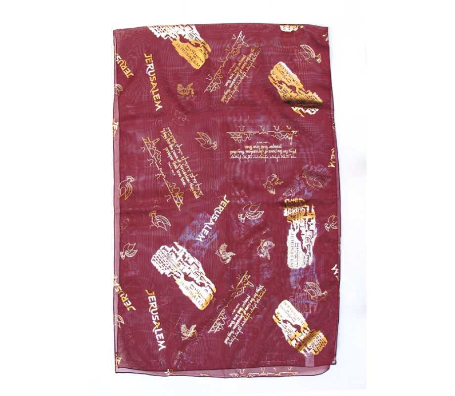 Womans Head Scarf Gold Jerusalem Images with Dove, Lion & Psalm Verse Maroon