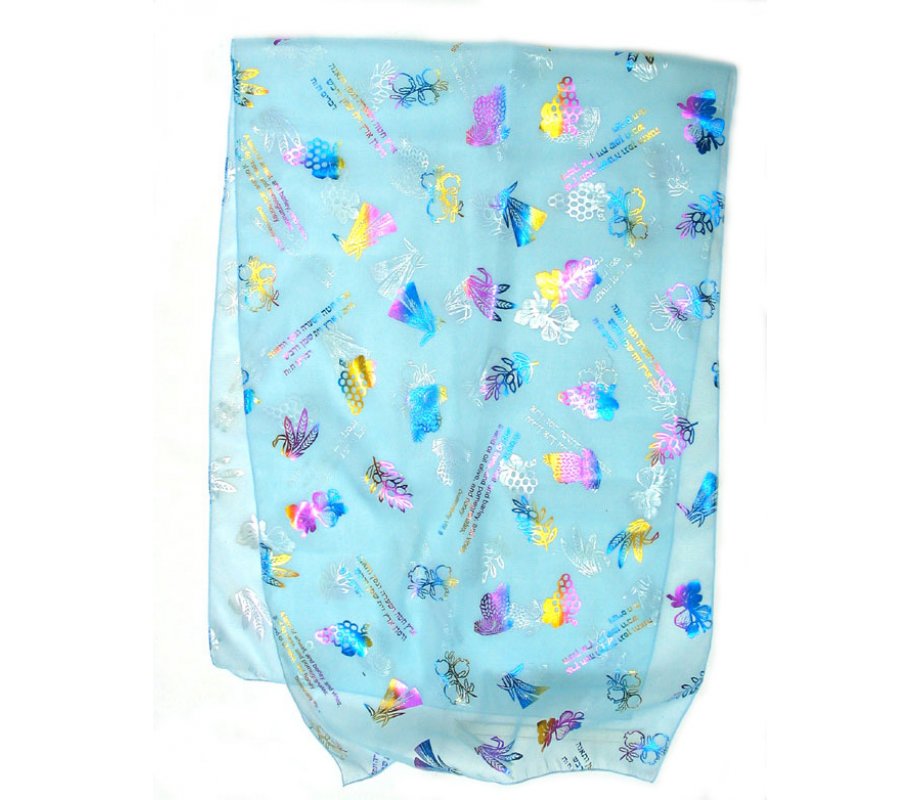 Womans Head Scarf, Seven Species Images with Biblical Verse – Blue