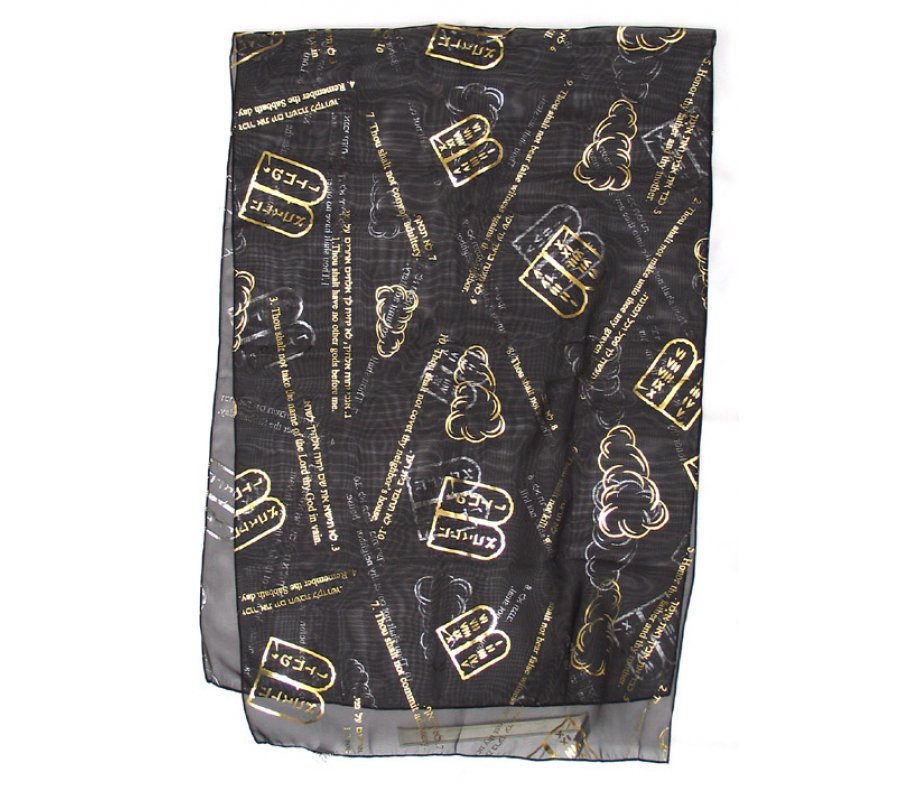 Womans Head Scarf, Ten Commandments and Tablets in Hebrew and English - Black