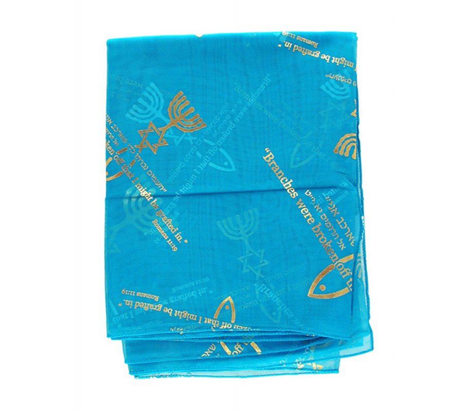 Woman's Head Scarf with Menorah, Star of David & Fish Design - Blue or Turquoise