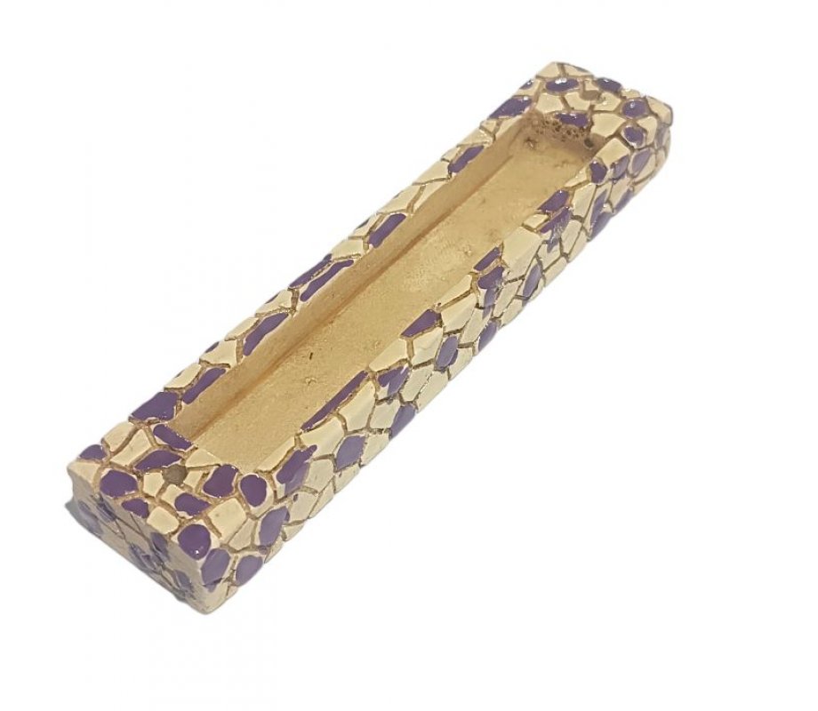 Wood Mezuzah Case with Mosaic Design – Purple and Yellow with Gold Shin