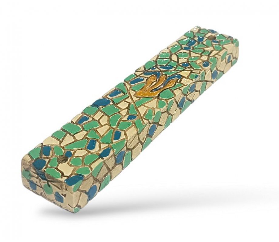 Wood Mezuzah Case with Mosaic Design - Turquoise, Green and Blue with Gold Shin