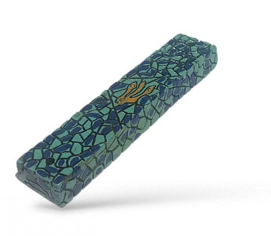 Wood Mezuzah Case with Mosaic Design, Dark Blue on Turquoise - Gold Shin
