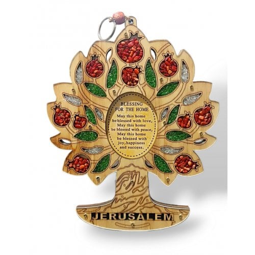 Wood Wall Hanging, Colorful Tree of Life with Leafy Pomegranates - Home Blessing