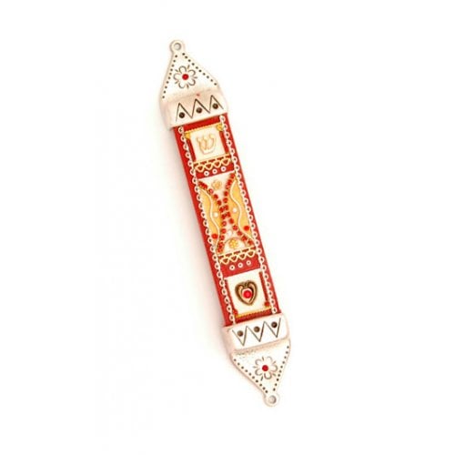 Wood and Pewter Mezuzah Red by Ester Shahaf