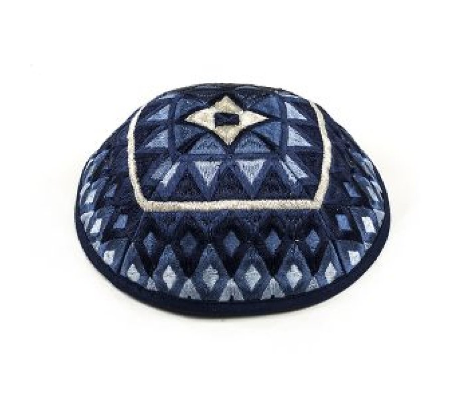 Yair Emanuel – Kippah with Silk Embroidered Geometrical Shapes in Shades of Blue