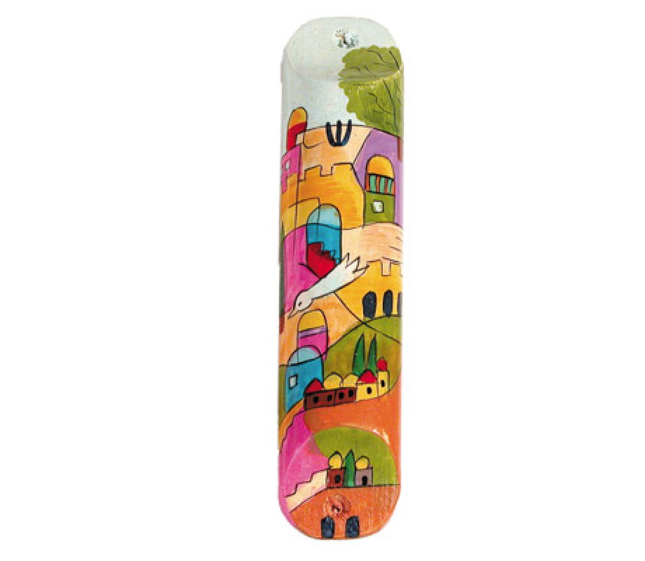 Yair Emanuel - Large Hand Painted Wood Mezuzah Case, Dove over Jerusalem
