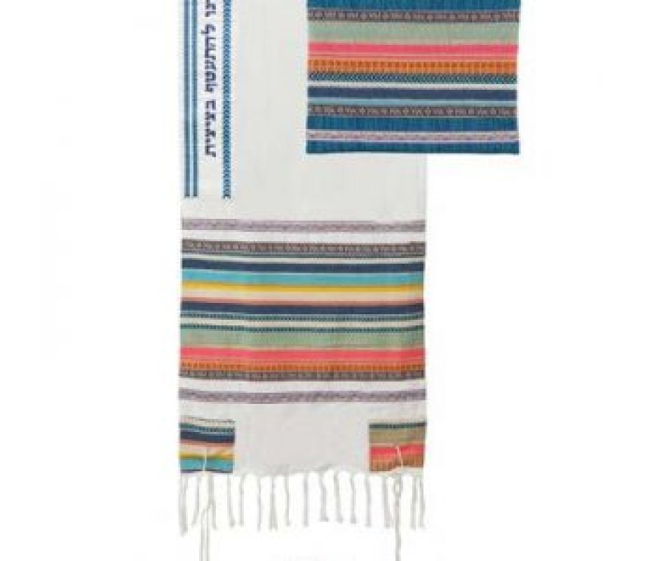 Yair Emanuel 3-Piece Cotton Tallit Set with Appliques - Colorful Stripes