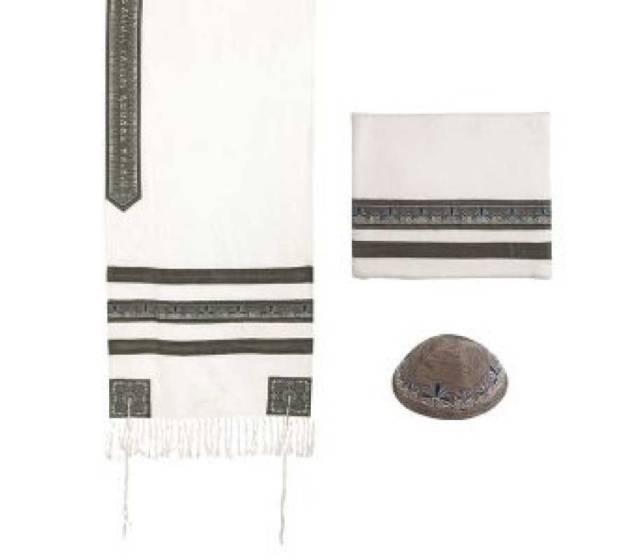 Yair Emanuel 3-Piece Tallit Set, Embroidered Decorative Stripes - Gray
