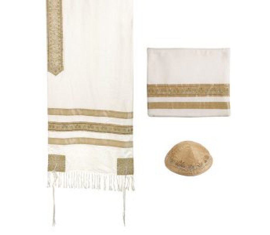Yair Emanuel 3-Piece Tallit Set with Embroidered Decorative Stripes - Gold