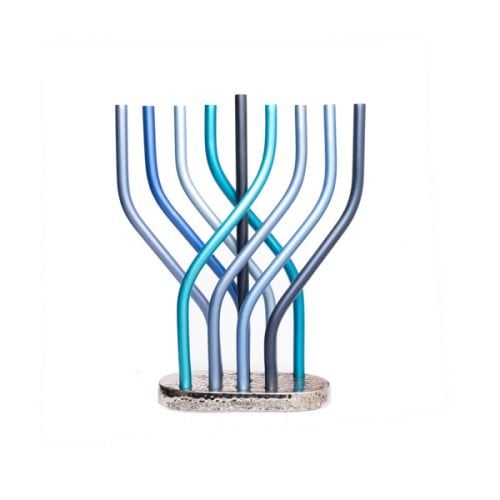 Yair Emanuel Aluminum Hanukkah Menorah with Tube Design - Blue Flame Design