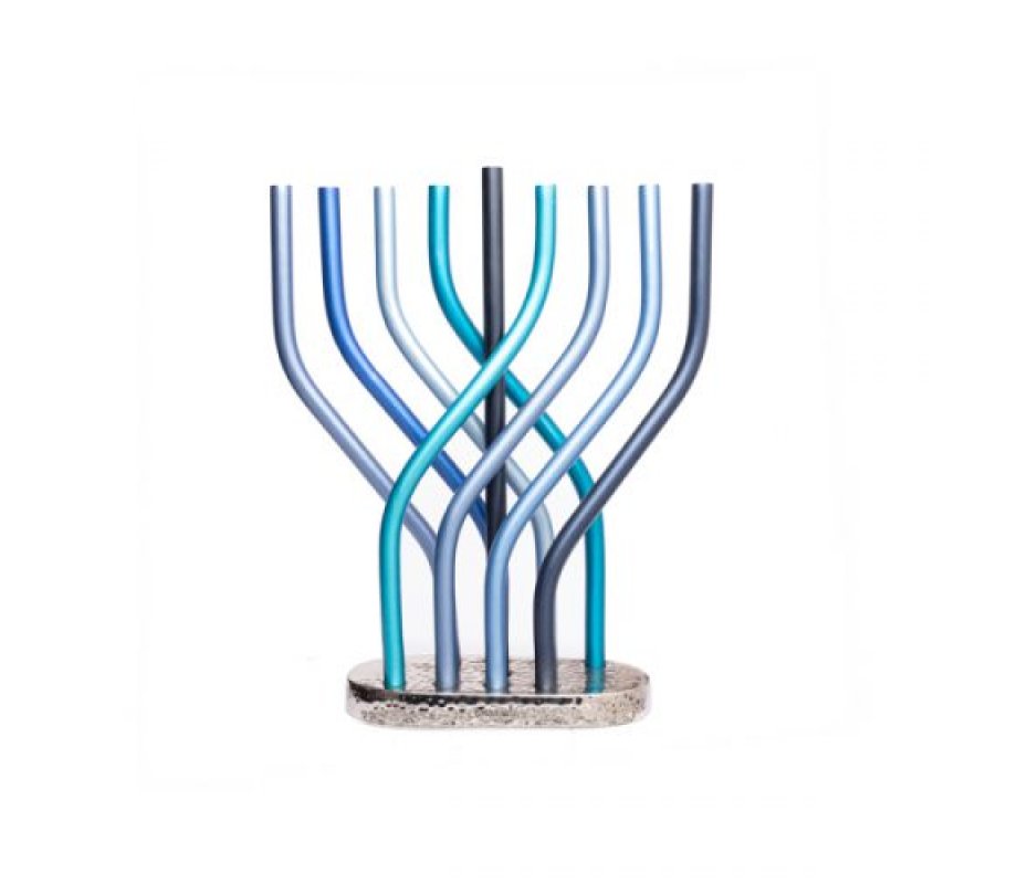 Yair Emanuel Aluminum Hanukkah Menorah with Tube Design - Blue Flame Design