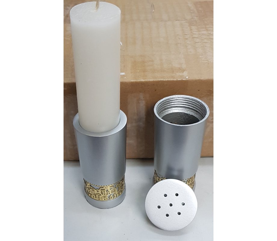 Yair Emanuel Aluminum Havdalah Set with Gold Jerusalem Band - Silver