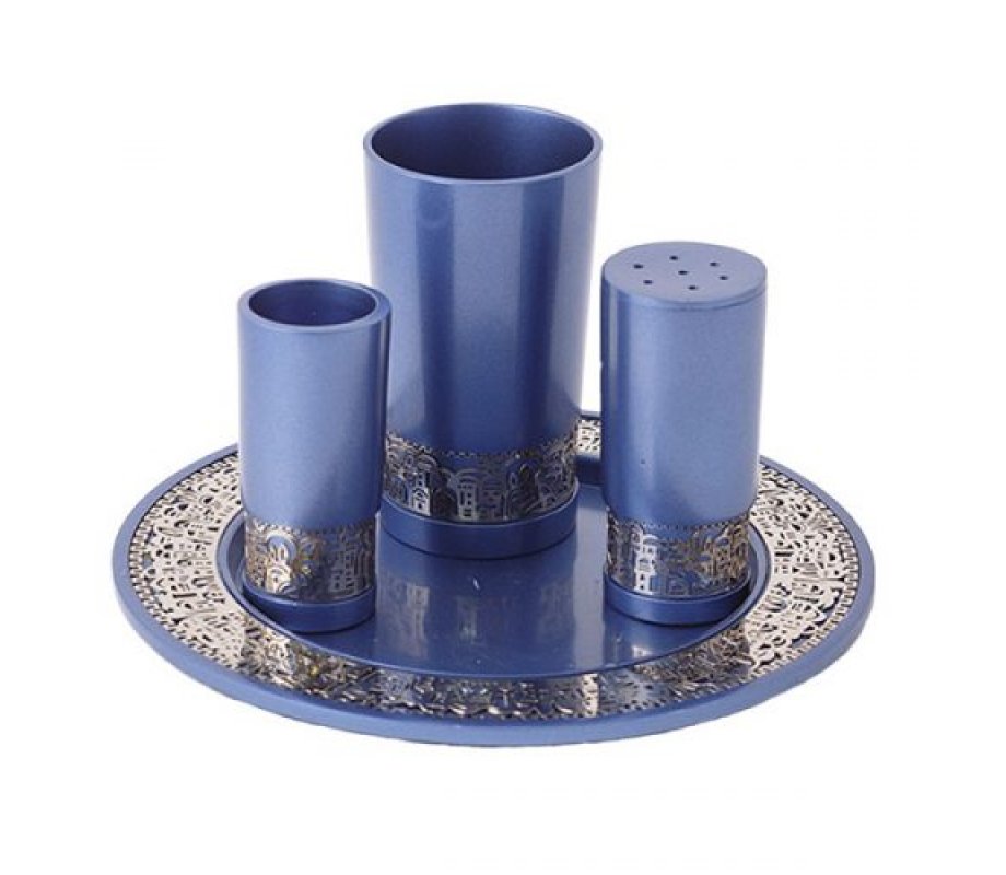 Yair Emanuel Aluminum Havdalah Set with Silver Jerusalem Band - Blue