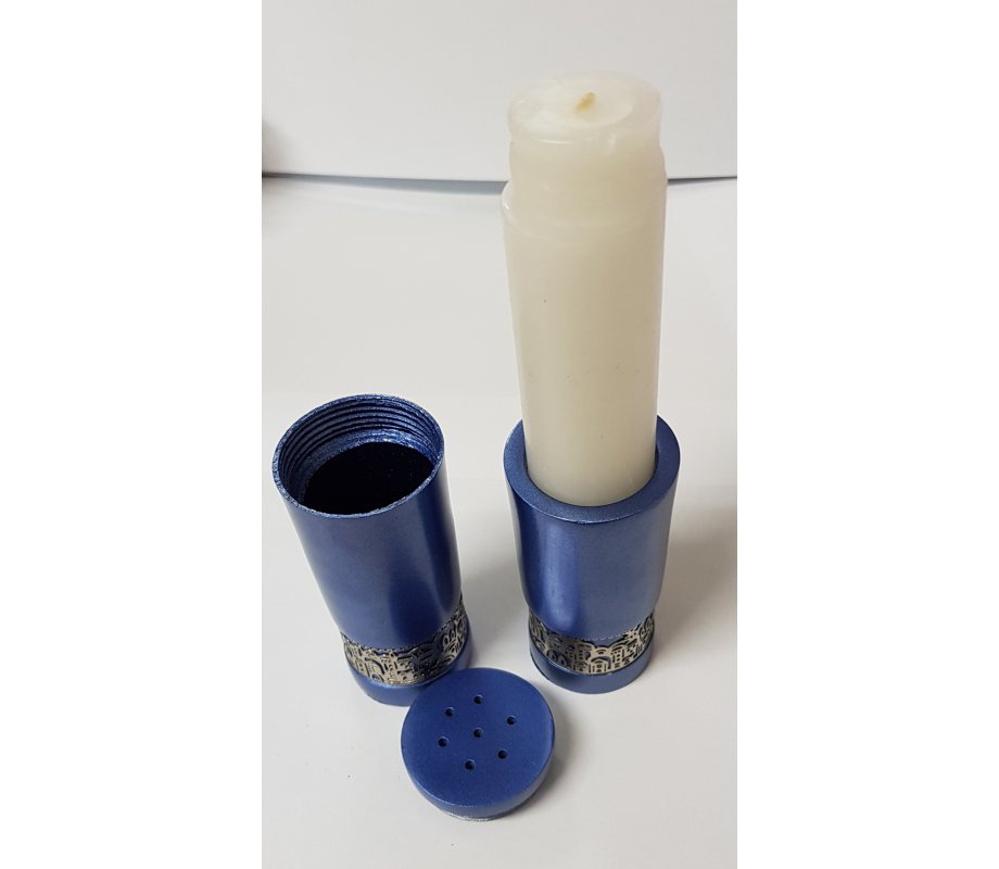 Yair Emanuel Aluminum Havdalah Set with Silver Jerusalem Band - Blue