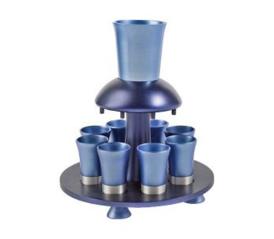 Yair Emanuel Aluminum Kiddush Fountain with Goblet, 8 Cups & Tray - Blue