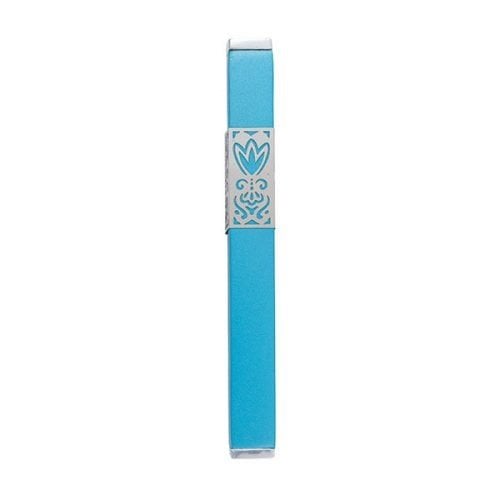 Yair Emanuel Aluminum Mezuzah Case, Decorative Cutout Flower - Turquoise