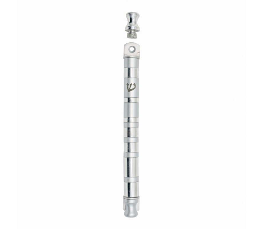 Yair Emanuel Anodized Aluminum Cylinder Mezuzah Case, Matte and Shiny Silver Stripes