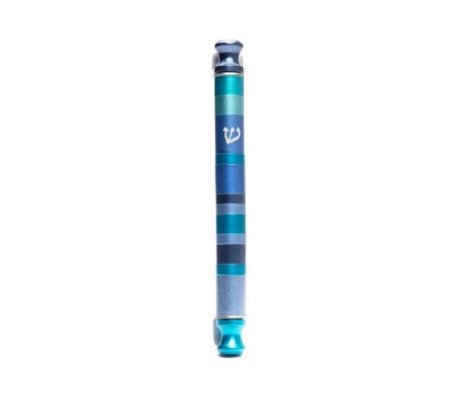 Yair Emanuel Anodized Aluminum Cylinder Mezuzah Case, Stripes – Shades of Blue