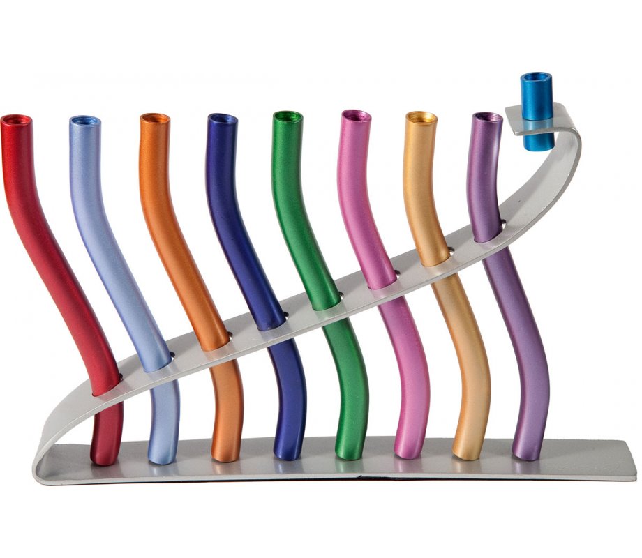 Yair Emanuel Anodized Aluminum Hanukkah Menorah, Lyre Image - Multicolored