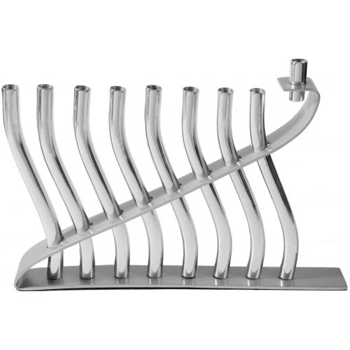 Yair Emanuel Anodized Aluminum Hanukkah Menorah, Lyre Image - Silver