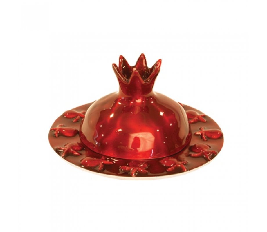 Yair Emanuel Anodized Aluminum Honey Dish with Pomegranate Cover - Ruby Red