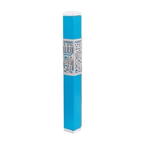 Yair Emanuel Anodized Aluminum Mezuzah Case, Cutout Jerusalem Band - Turquoise