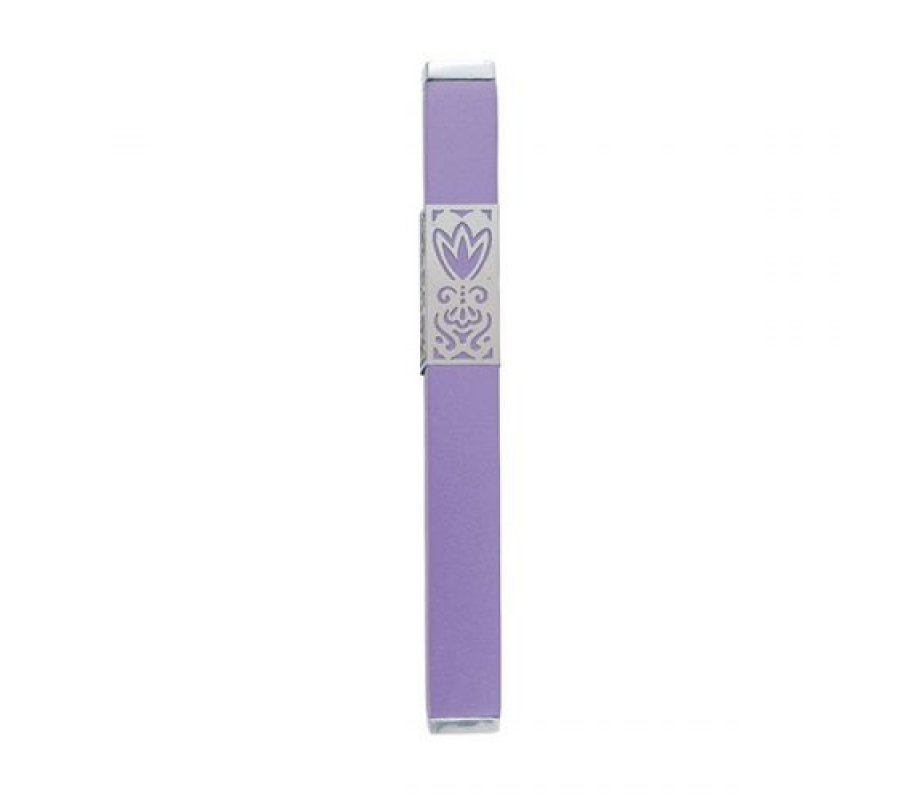 Yair Emanuel Anodized Aluminum Mezuzah Case, Decorative Cutout Flower - Purple