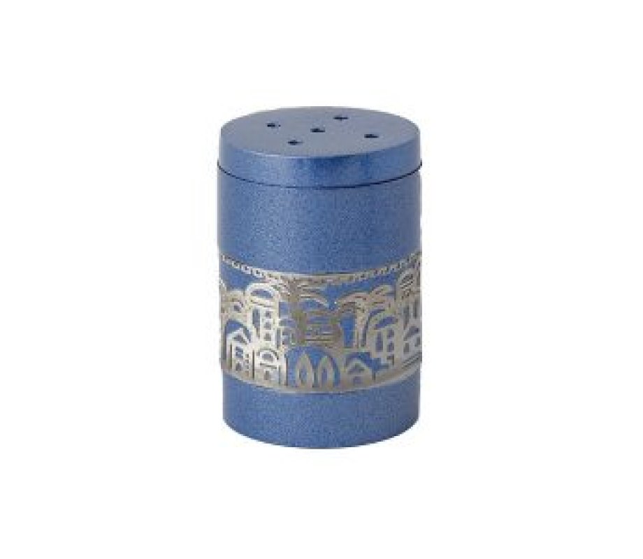 Yair Emanuel Anodized Aluminum Salt Shaker, Decorative Jerusalem Band – Blue