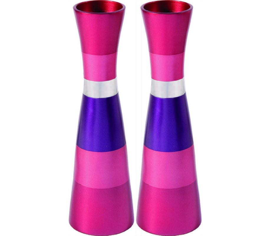 Yair Emanuel Anodized Aluminum Slender Shabbat Candlesticks - Colored Bands
