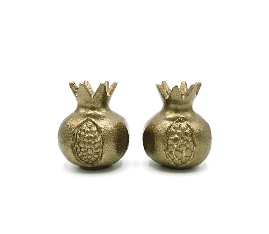 Yair Emanuel Antique Style Small Gold Color Candlesticks - Pomegranate