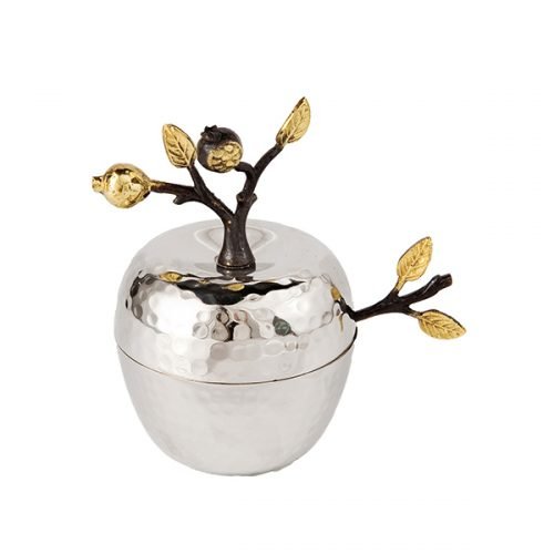 Yair Emanuel Apple Shaped Honey Dish, Hammered Stainless Steel with Gold Details