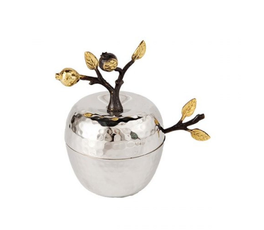 Yair Emanuel Apple Shaped Honey Dish, Hammered Stainless Steel with Gold Details