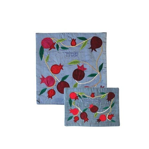 Yair Emanuel Applique Matzah Cover & Afikoman Bag, Sold Separately - Pomegranates on Blue