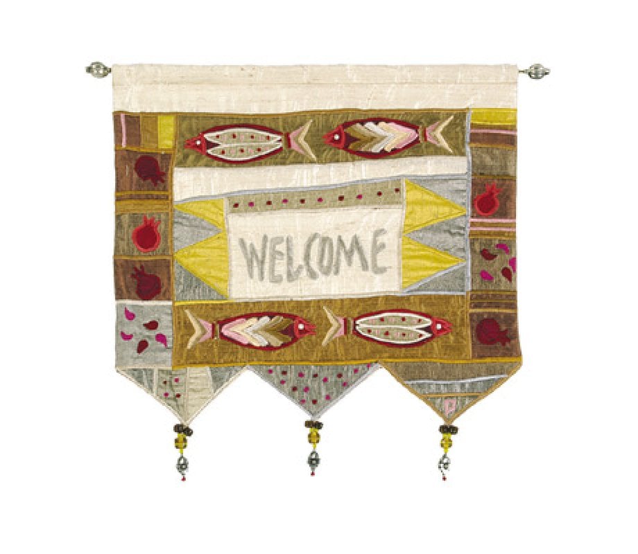 Yair Emanuel Appliqued Silk Banner Wall Hanging with Fish, Gold – Welcome