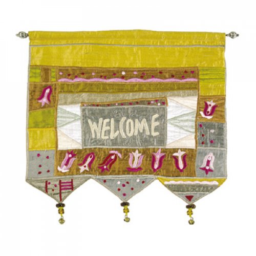 Yair Emanuel Appliqued Silk Banner Wall Hanging with Flowers, Gold  Welcome