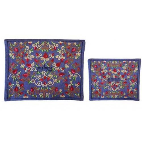 Yair Emanuel Blue Embroidered Tallit and Tefillin Bag Set - Pomegranates
