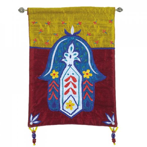 Yair Emanuel Blue Hamsa Embroidered Appliqued Silk Wall Hanging – Flowers