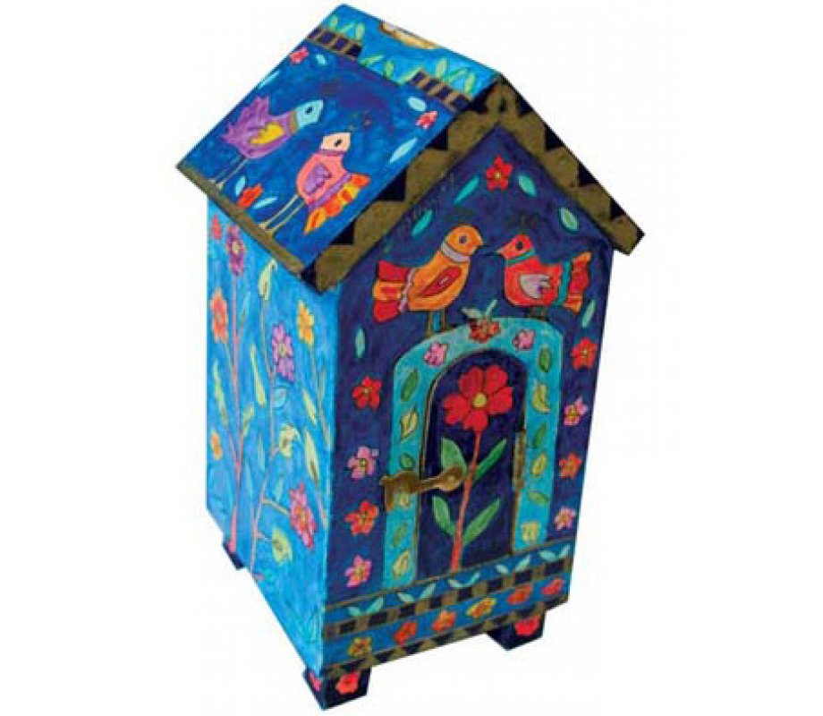 Yair Emanuel Blue House-Shaped Wood Tzedakah Charity Box - Birds & Flowers