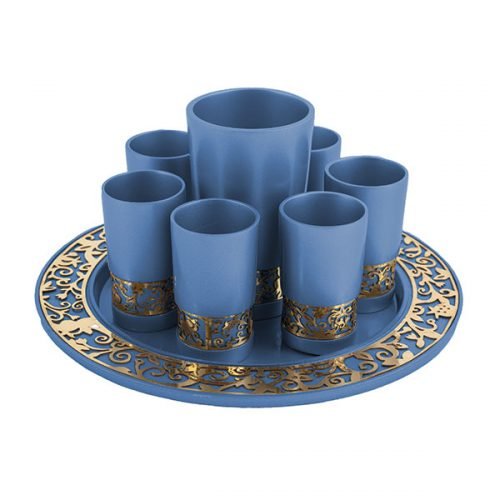 Yair Emanuel Blue Kiddush Cup Small Cups and Tray - Gold Cutout Pomegranates
