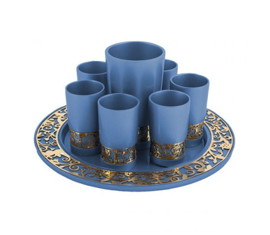 Yair Emanuel Blue Kiddush Cup Small Cups and Tray - Gold Cutout Pomegranates