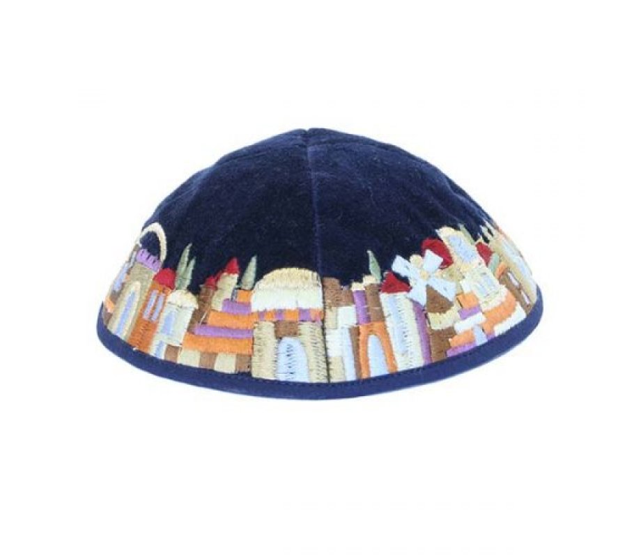 Yair Emanuel Blue Velvet Kippah, Embroidered Jerusalem Images - Colorful