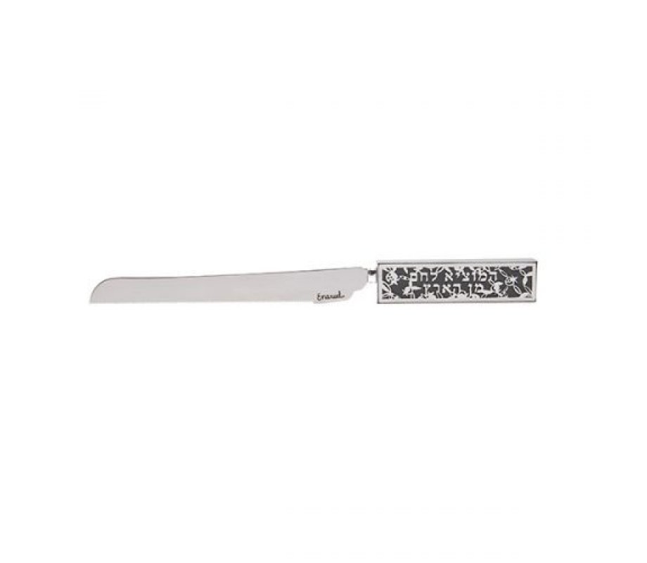Yair Emanuel Challah Knife, Cutout Pomegranates with Hebrew Blessing - Green