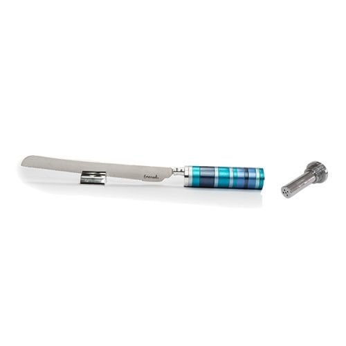 Yair Emanuel Challah Knife with Mini Salt Shaker and Stand - Blue Bands Handle