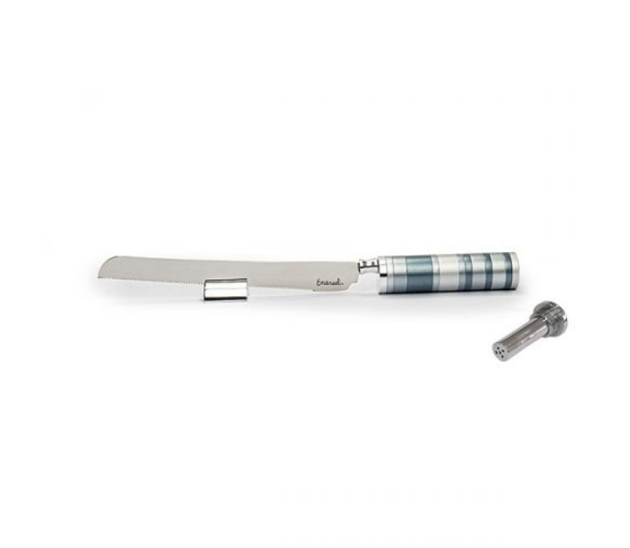 Yair Emanuel Challah Knife with Mini Salt Shaker and Stand - Grays Handle